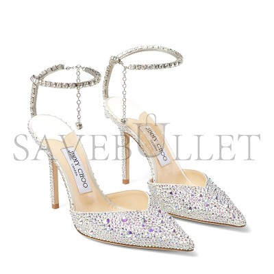 JIMMY CHOO SAEDA 100 IVORY SATIN PUMPS WITH CRYSTAL EMBELLISHMENT SAEDA100BAM